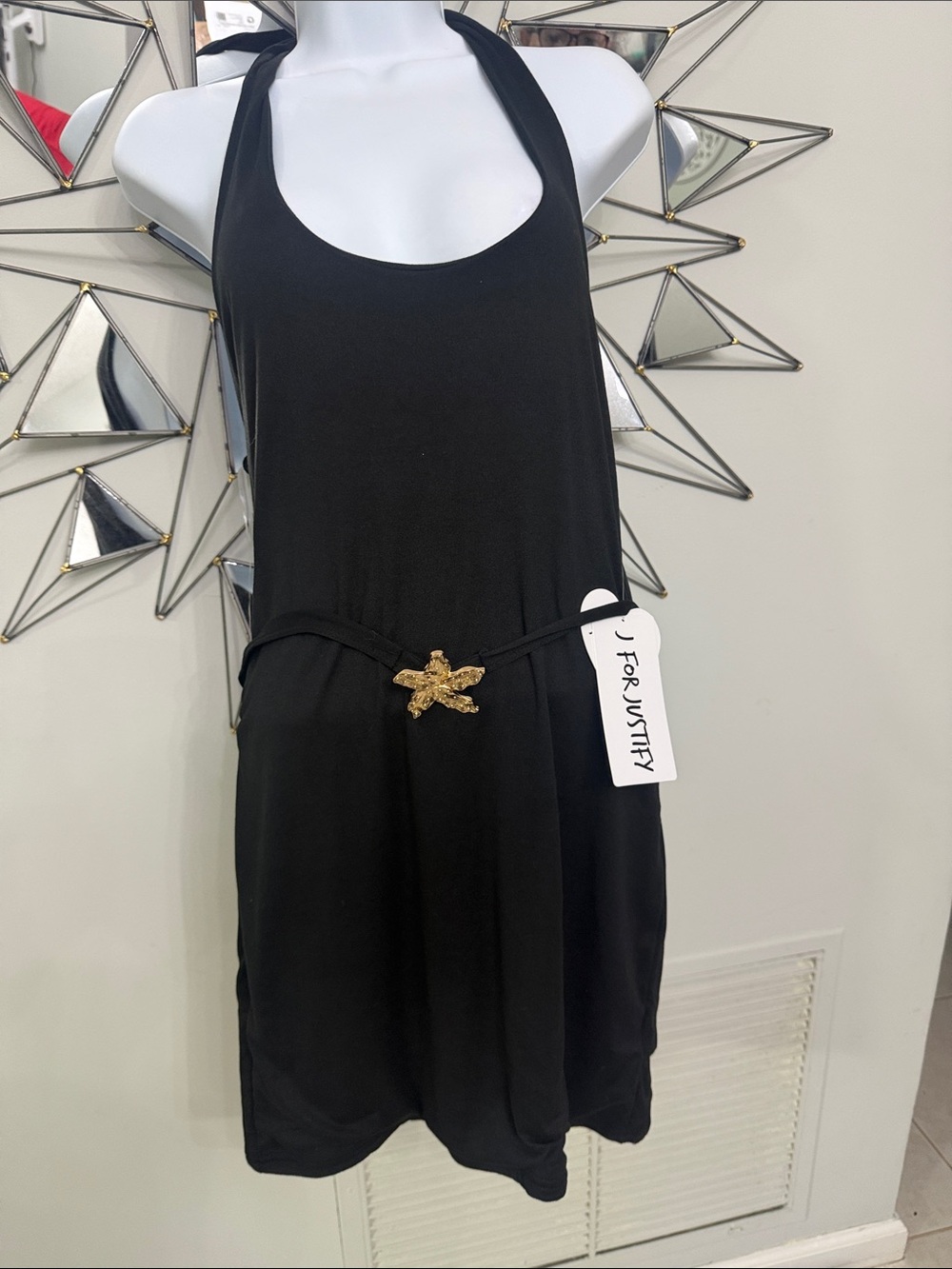 J for Justify Black Halter Mini Dress with Gold Accent